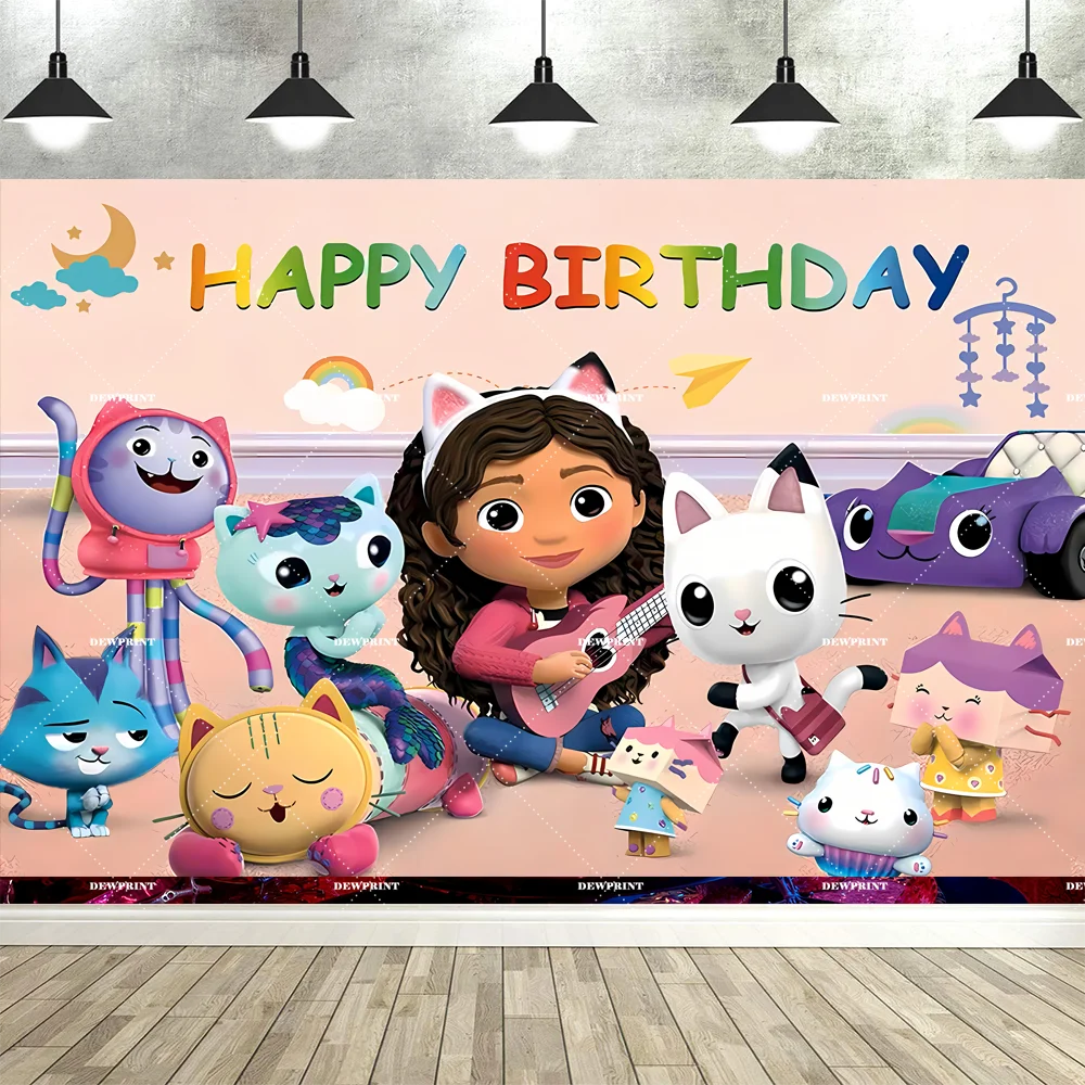 Bannière de fond d'anniversaire Gabby en dessin animé mignon, accessoires de décoration pour fête d'enfants, toile de fond photo, fournitures de photographie