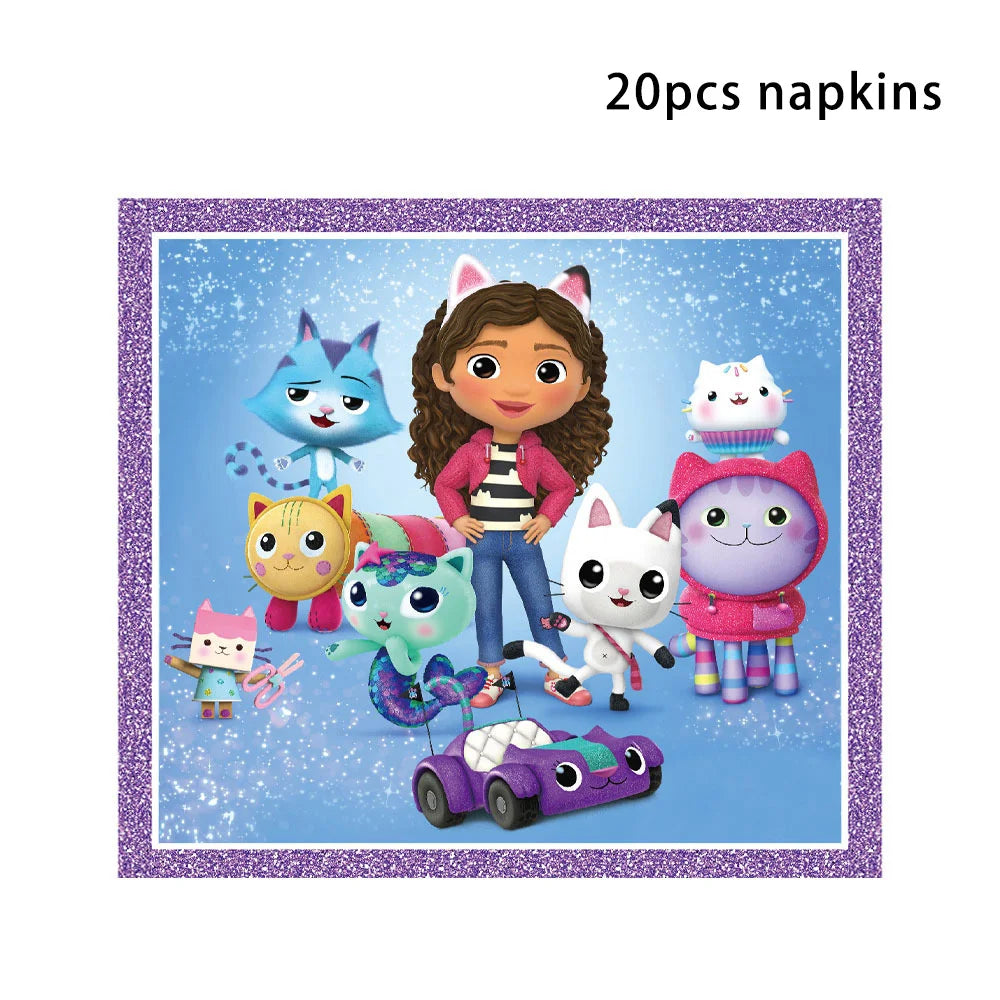 Vaisselle d'anniversaire Gabby Dollhouse, assiette, gobelet et serviette en papier à motif de chat de dessin animé pour les filles, décoration de fête d'anniversaire pour enfants