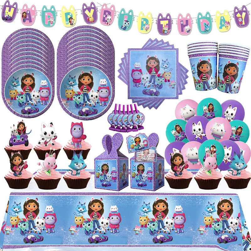 Articles de fête d'anniversaire Gabby Dollhouse Cat : Bannière, ballons, décor de fond, décoration de gâteau, sacs cadeaux, boîtes à bonbons