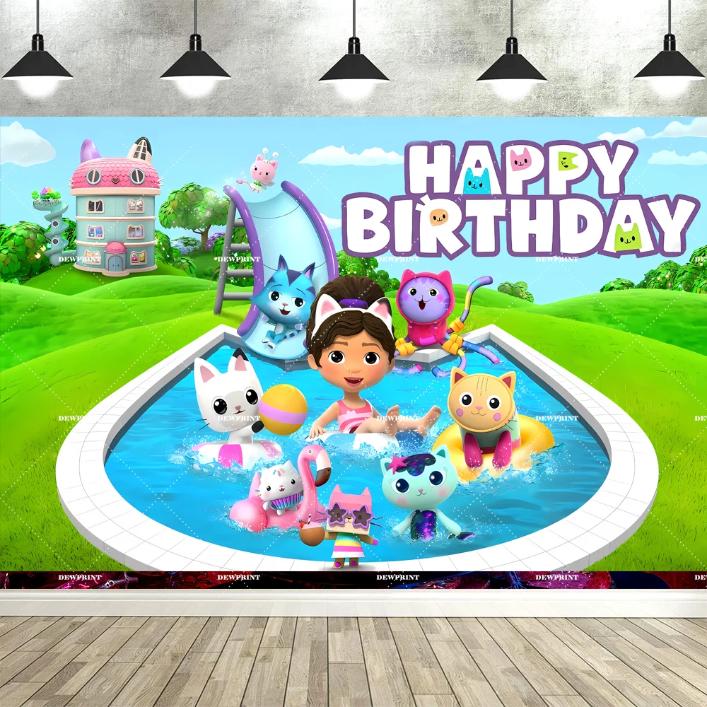 Bannière de fond d'anniversaire Gabby en dessin animé mignon, accessoires de décoration pour fête d'enfants, toile de fond photo, fournitures de photographie