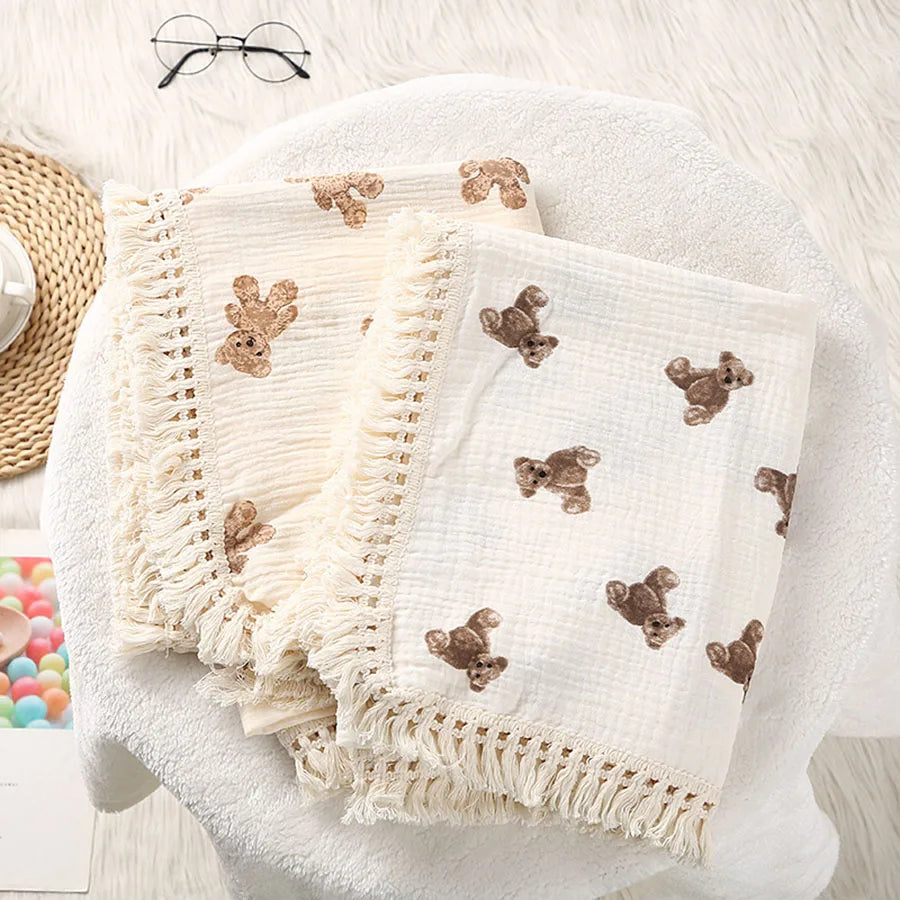 Couverture carrée en mousseline d'ours mignon pour bébé, couverturMobile Musical pour Lit Bébé avec Projecteur Rotatif – Veilleuse, Berceuses et Hochet d'Éveil 0 à 12 Mois