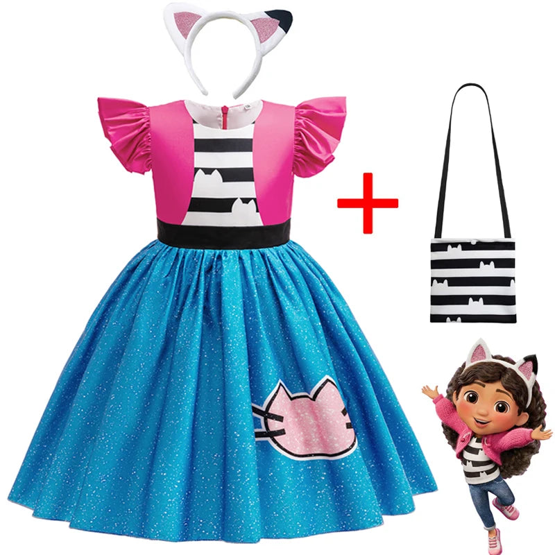 Gabby's Dollhouse Vêtements Filles Gabby Cat Robe Filles Robes décontractées mignonnes et bandeau Enfants Enfants Robe de princesse à manches volantes