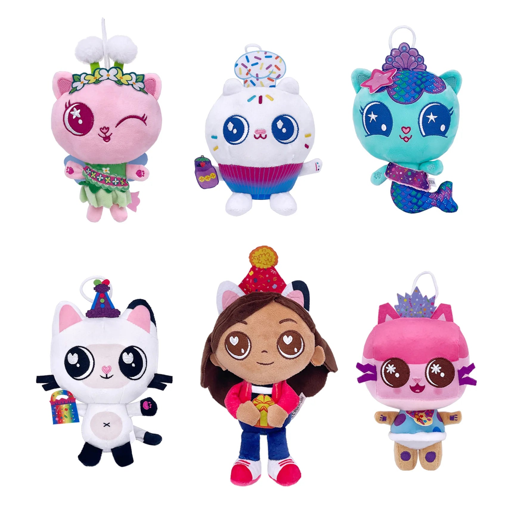 8 pièces Nouveaux porte-clés en peluche Maison de poupée Gabby, animaux en peluche Mercat, chat souriant, chat de voiture, chat câlin, cadeau d'anniversaire pour fille Gaby