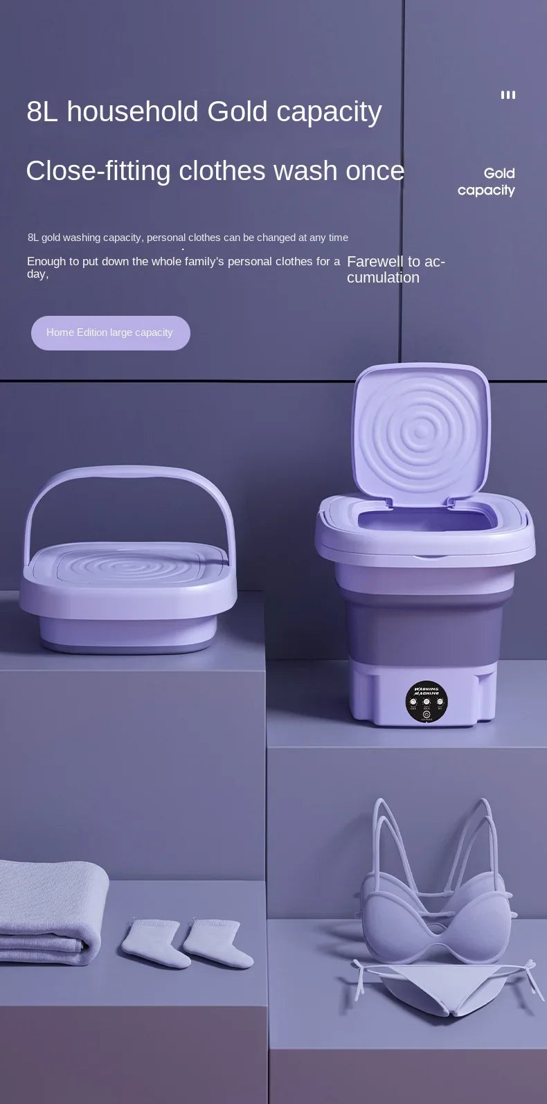 Petite Machine à laver pliable Portable 8l, avec sèche-linge rotatif, pour chaussettes, sous-vêtements, culottes, Mini Machine à laver domestique