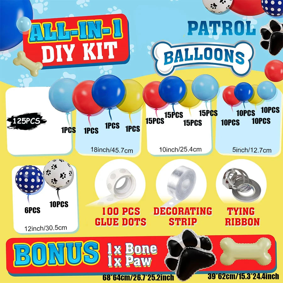 Kit d'arche de guirlande de ballons Patte de Chien et ballons bleus, jaunes et rouges pour décorations d'anniversaire sur le thème de la Patrouille, toile de fond et fournitures de fête