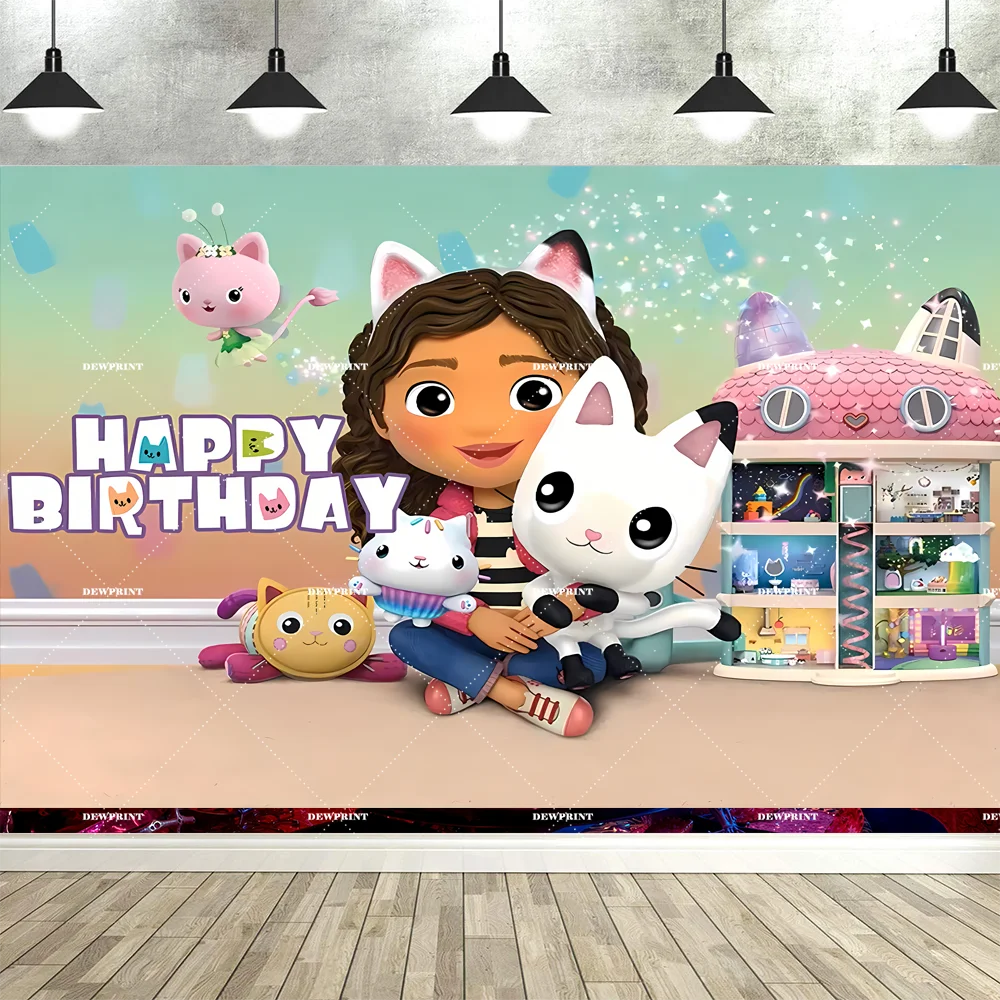 Bannière de fond d'anniversaire Gabby en dessin animé mignon, accessoires de décoration pour fête d'enfants, toile de fond photo, fournitures de photographie
