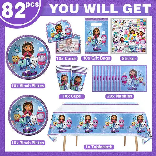 Décoration d'anniversaire Gabby, thème Gabby Dollhouse, vaisselle, assiette, tasse, serviette, nappe, ballon, bannière, toile de fond, fournitures pour fête d'enfants