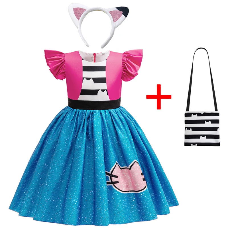 Gabby's Dollhouse Vêtements Filles Gabby Cat Robe Filles Robes décontractées mignonnes et bandeau Enfants Enfants Robe de princesse à manches volantes