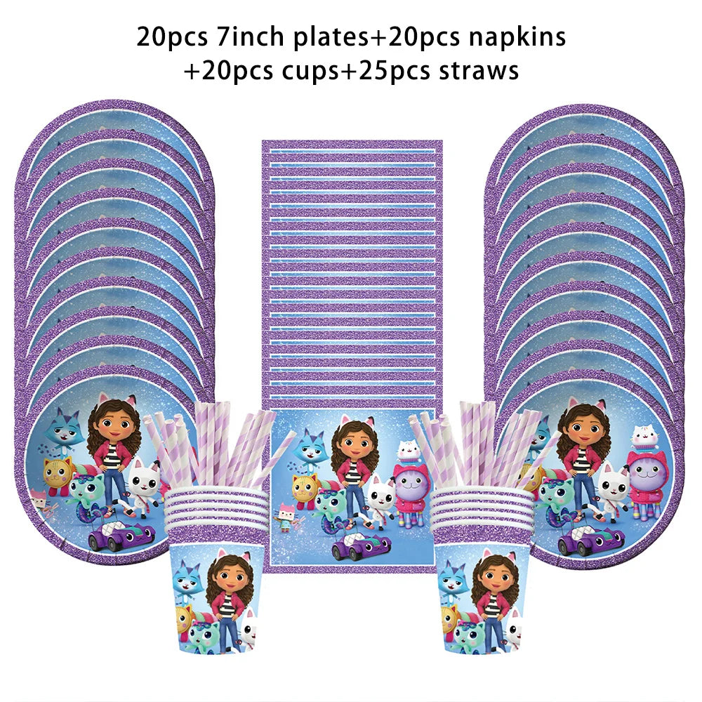 Vaisselle d'anniversaire Gabby Dollhouse, assiette, gobelet et serviette en papier à motif de chat de dessin animé pour les filles, décoration de fête d'anniversaire pour enfants