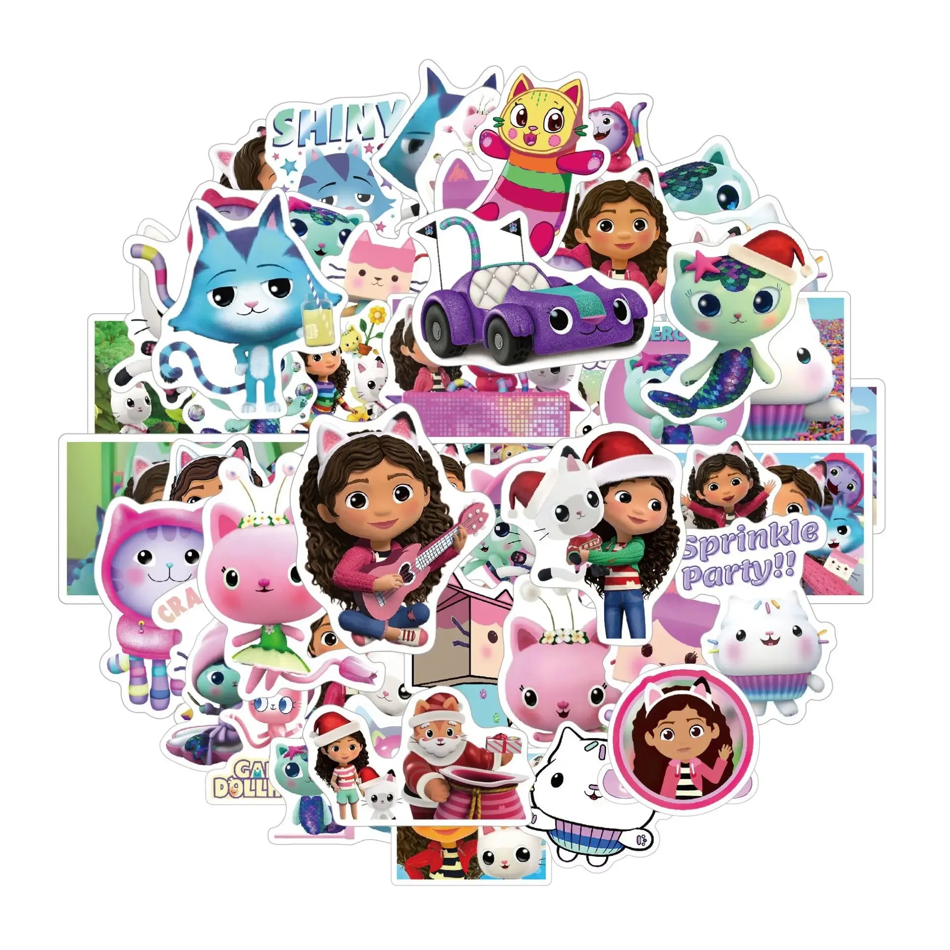 Autocollants de décoration de maison de poupée Gabby, 10 pièces/30 pièces/50 pièces, dessin animé, fournitures de fête d'anniversaire, cadeaux pour enfants garçons et filles, DIY bricolage
