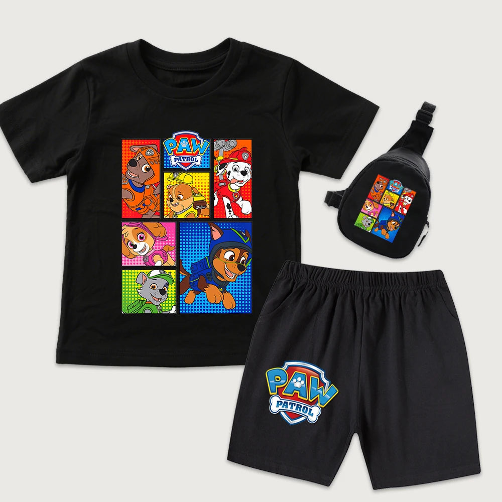 Ensemble t-shirt et short en coton imprimé dessin animé PAW Patrol pour garçons et filles avec mini sac banane, vêtements d'été pour enfants