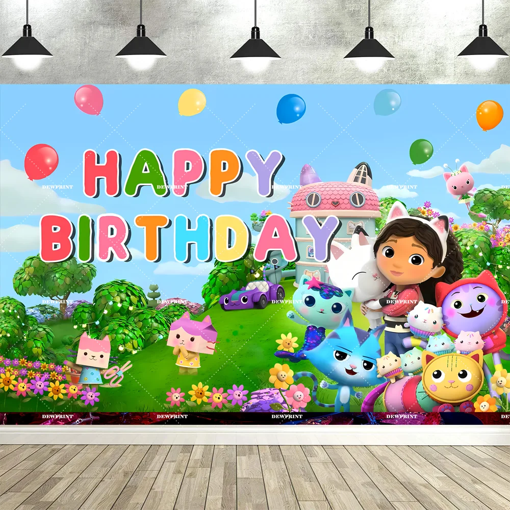 Bannière de fond d'anniversaire Gabby en dessin animé mignon, accessoires de décoration pour fête d'enfants, toile de fond photo, fournitures de photographie