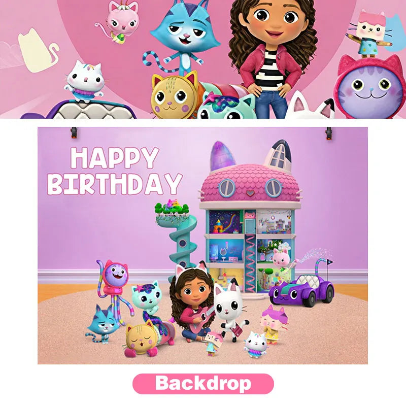 Articles de fête d'anniversaire Gabby Dollhouse Cat : Bannière, ballons, décor de fond, décoration de gâteau, sacs cadeaux, boîtes à bonbons