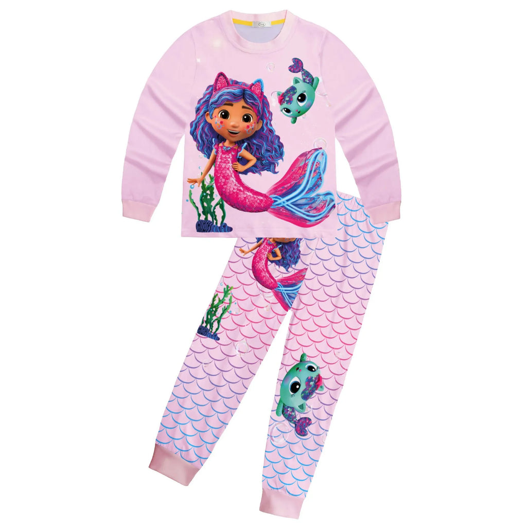 2025Gabby DollHouse filles vêtements dessin animé imprimé pyjamas mignon sirène Gabby's t-shirt pantalon ensemble enfant en bas âge Homewear enfants Anime tenue