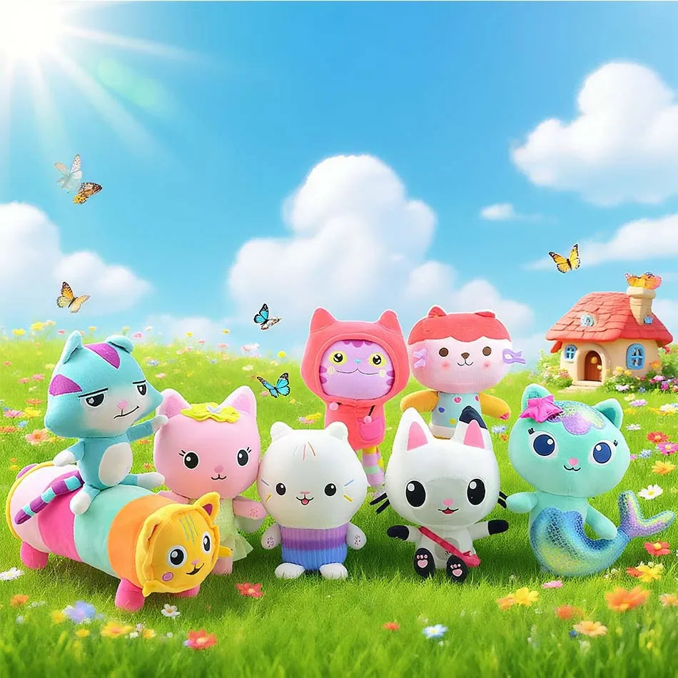 8 pièces Nouveaux porte-clés en peluche Maison de poupée Gabby, animaux en peluche Mercat, chat souriant, chat de voiture, chat câlin, cadeau d'anniversaire pour fille Gaby