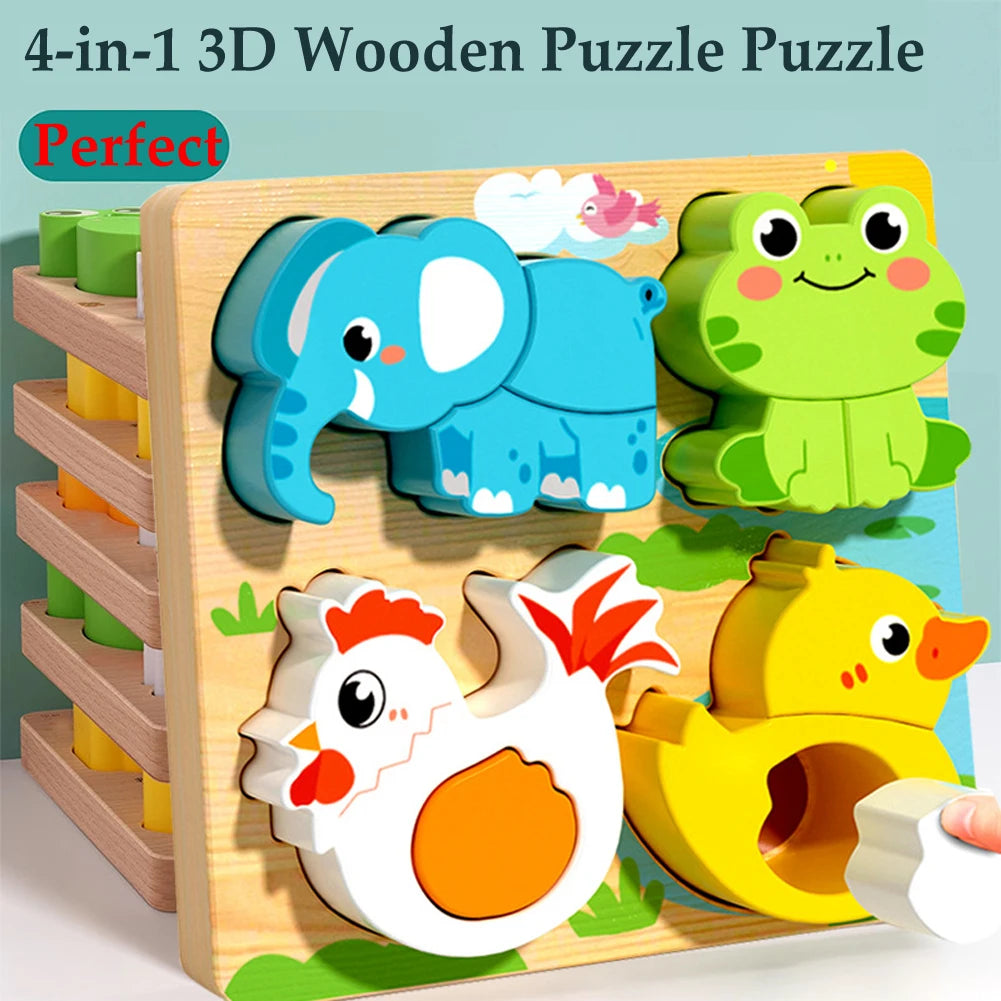 Puzzle 3D Montessori en Bois 4 en 1 – Animaux Colorés pour l'Éveil et l'Apprentissage