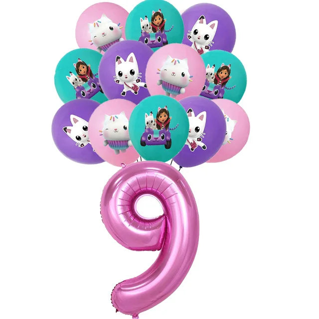 Ensemble de ballons numérotés Gabby Dollhouse Cats, décoration de fête d'anniversaire pour enfants, ballons en latex et aluminium, cadeau jouet pour fille Gabby's Doll