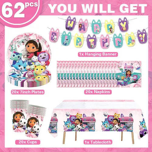 Décoration d'anniversaire Gabby, thème Gabby Dollhouse, vaisselle, assiette, tasse, serviette, nappe, ballon, bannière, toile de fond, fournitures pour fête d'enfants