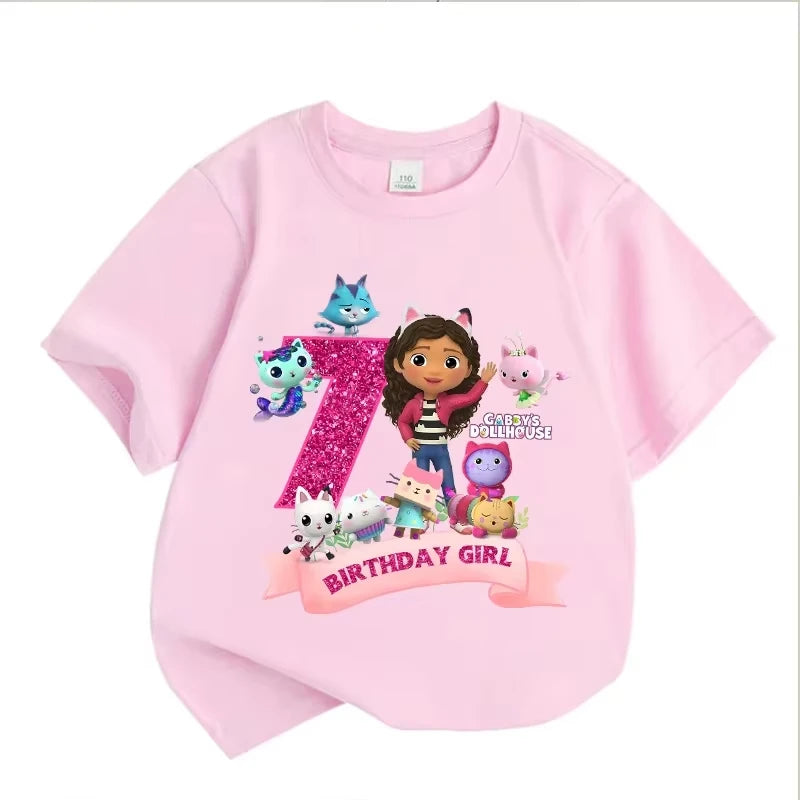 T-shirt d'anniversaire Gabbys Dollhouses pour filles, blanc et rose, à manches courtes, en coton, décontracté, pour l'été, fournitures de fête