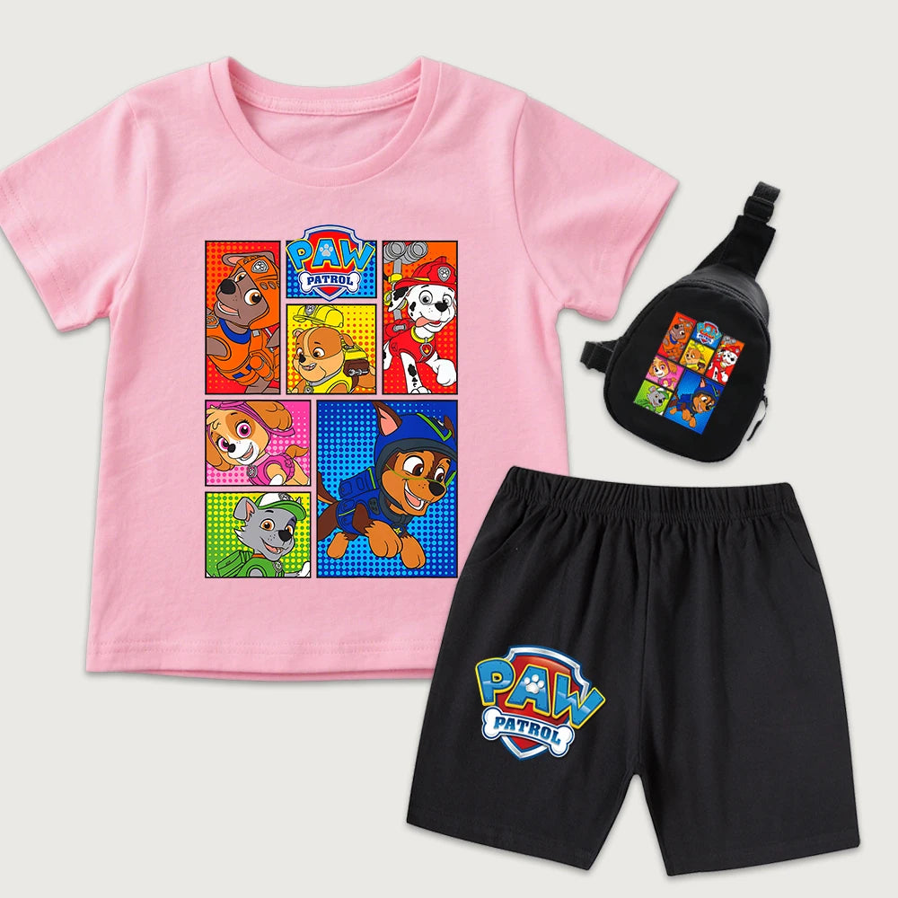 Ensemble t-shirt et short en coton imprimé dessin animé PAW Patrol pour garçons et filles avec mini sac banane, vêtements d'été pour enfants