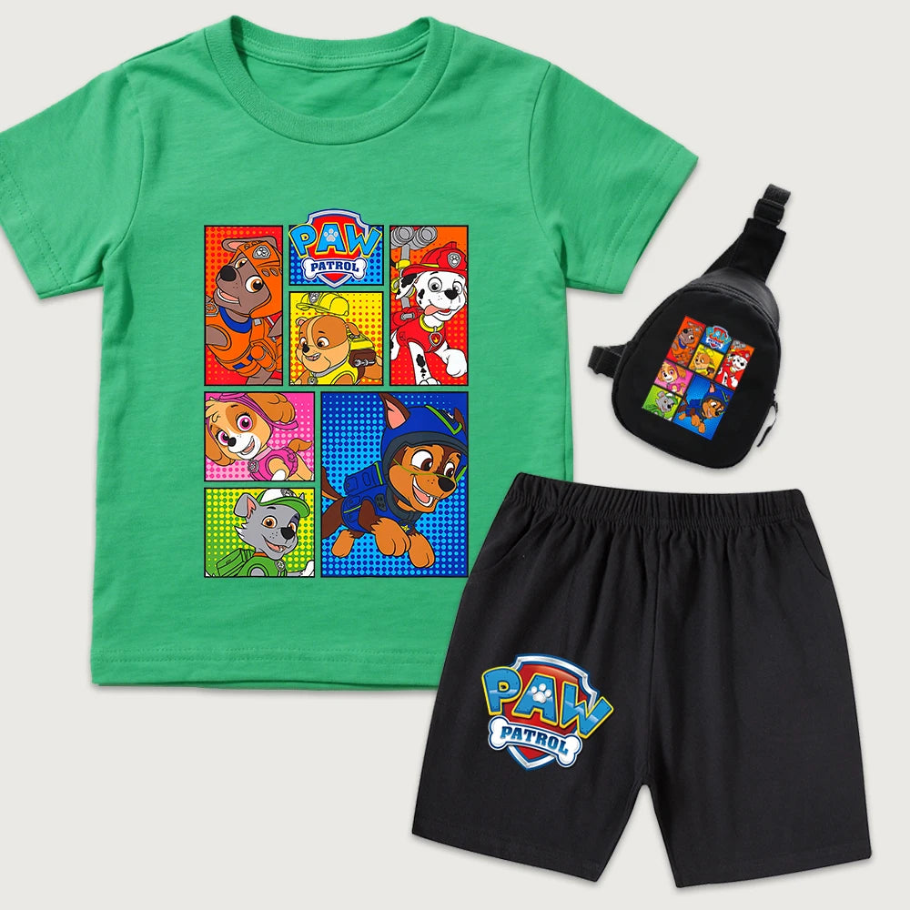 Ensemble t-shirt et short en coton imprimé dessin animé PAW Patrol pour garçons et filles avec mini sac banane, vêtements d'été pour enfants