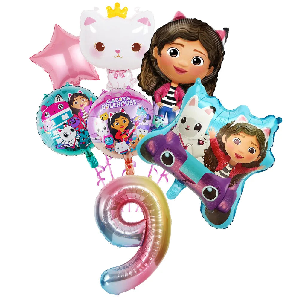 Ensemble de ballons numérotés Gabby Dollhouse Cats, décoration de fête d'anniversaire pour enfants, ballons en latex et aluminium, cadeau jouet pour fille Gabby's Doll