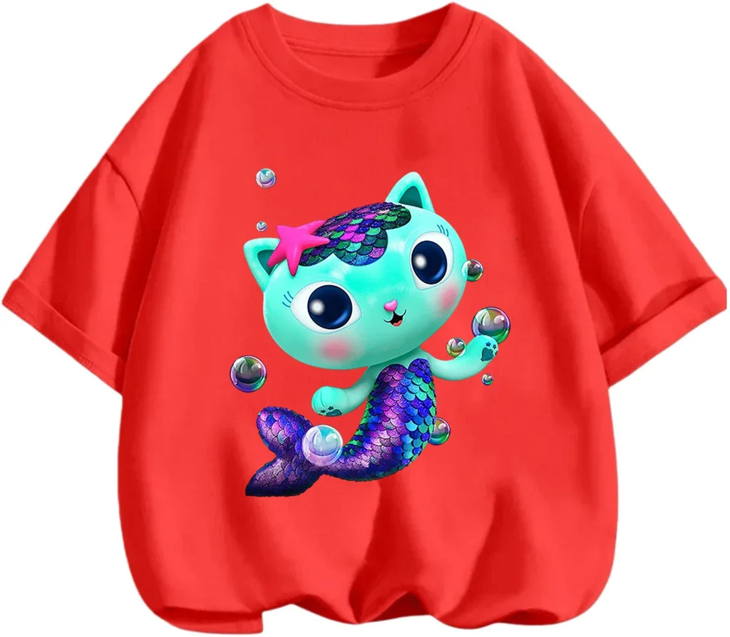 Gabby's Dollhouse T-shirt décontracté d'été à col rond avec imprimé de dessin animé mignon pour enfants de 3 à 14 ans