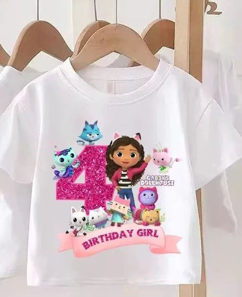 T-shirt d'anniversaire Gabbys Dollhouses pour filles, blanc et rose, à manches courtes, en coton, décontracté, pour l'été, fournitures de fête
