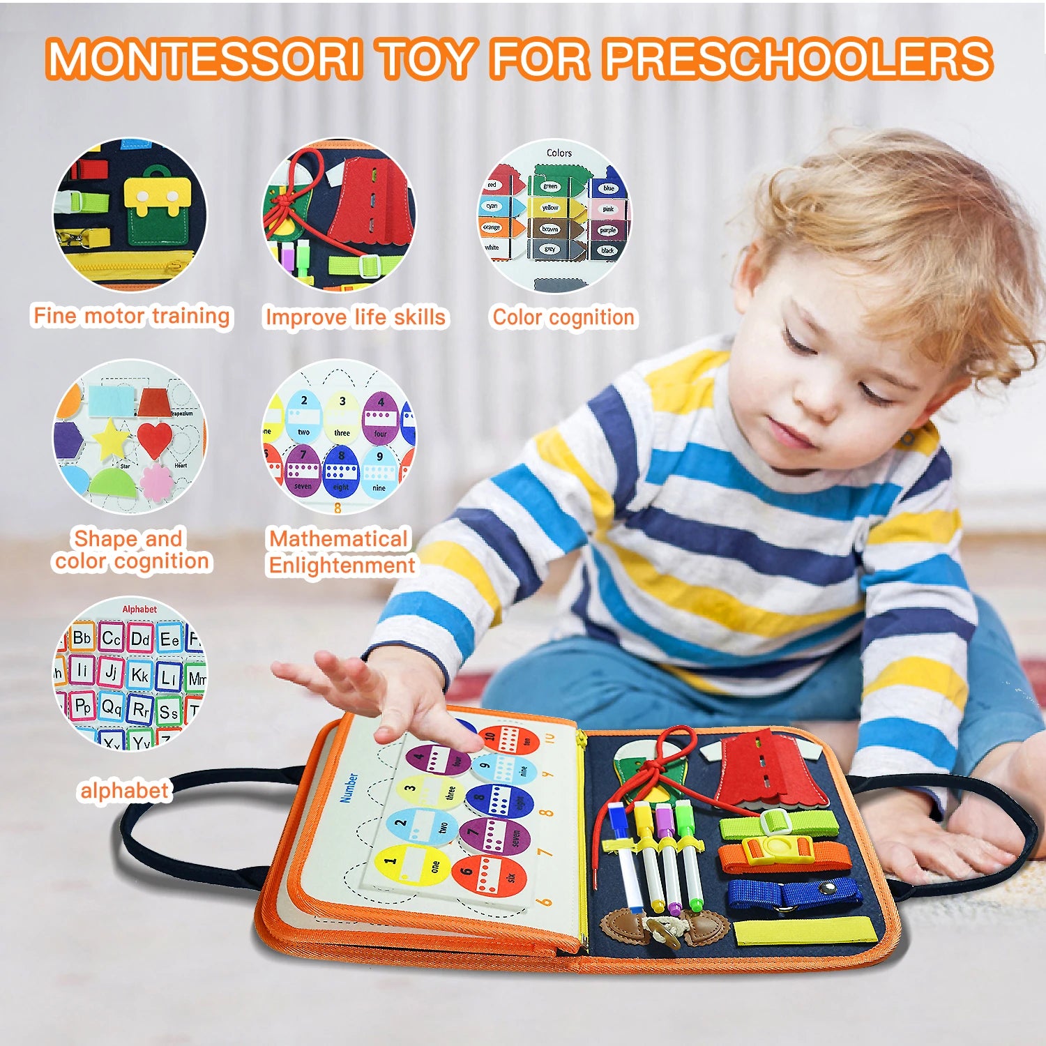Planche d’Activités Montessori 3 à 6 Ans – Tableau Sensoriel Éducatif Portable pour l’Apprentissage Précoce