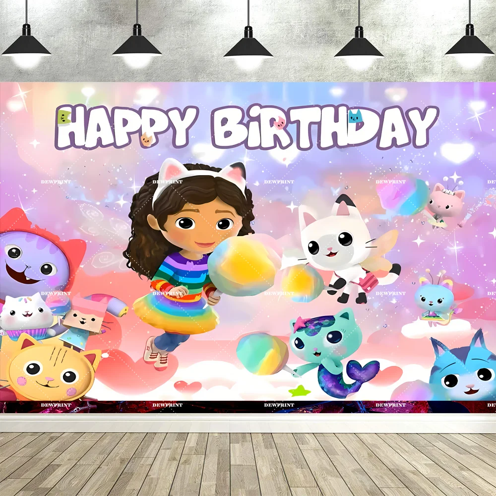 Bannière de fond d'anniversaire Gabby en dessin animé mignon, accessoires de décoration pour fête d'enfants, toile de fond photo, fournitures de photographie