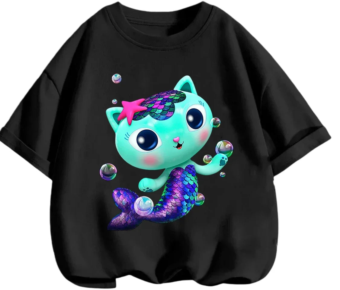 Gabby's Dollhouse T-shirt décontracté d'été à col rond avec imprimé de dessin animé mignon pour enfants de 3 à 14 ans