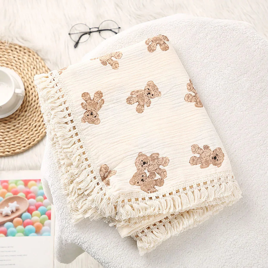 Couverture carrée en mousseline d'ours mignon pour bébé, couverturMobile Musical pour Lit Bébé avec Projecteur Rotatif – Veilleuse, Berceuses et Hochet d'Éveil 0 à 12 Mois