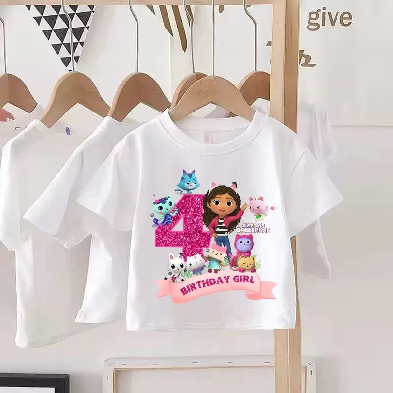 T-shirt d'anniversaire Gabbys Dollhouses pour filles, blanc et rose, à manches courtes, en coton, décontracté, pour l'été, fournitures de fête