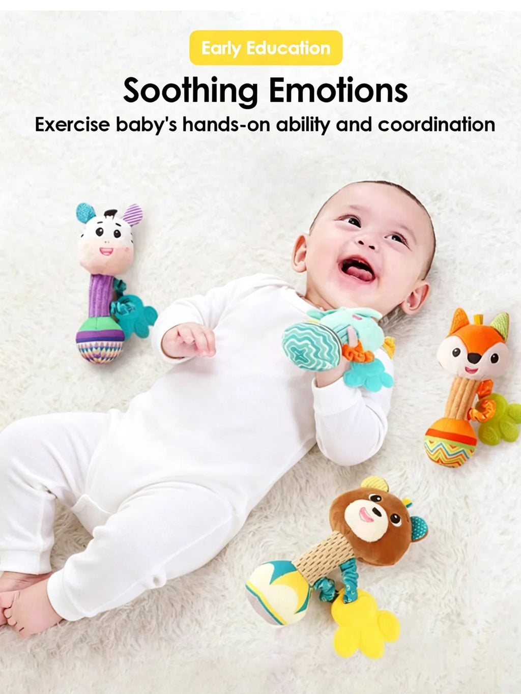 Hochets pour bébé, Animal en peluche doux, poignée à main, jouHochet Peluche Bébé Animal – Jouet Sensoriel à Poignée pour Nouveau-Né de 0 à 24 Mois