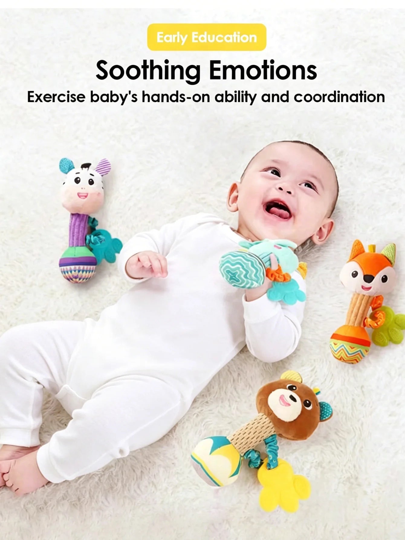 Hochets pour bébé, Animal en peluche doux, poignée à main, jouHochet Peluche Bébé Animal – Jouet Sensoriel à Poignée pour Nouveau-Né de 0 à 24 Mois