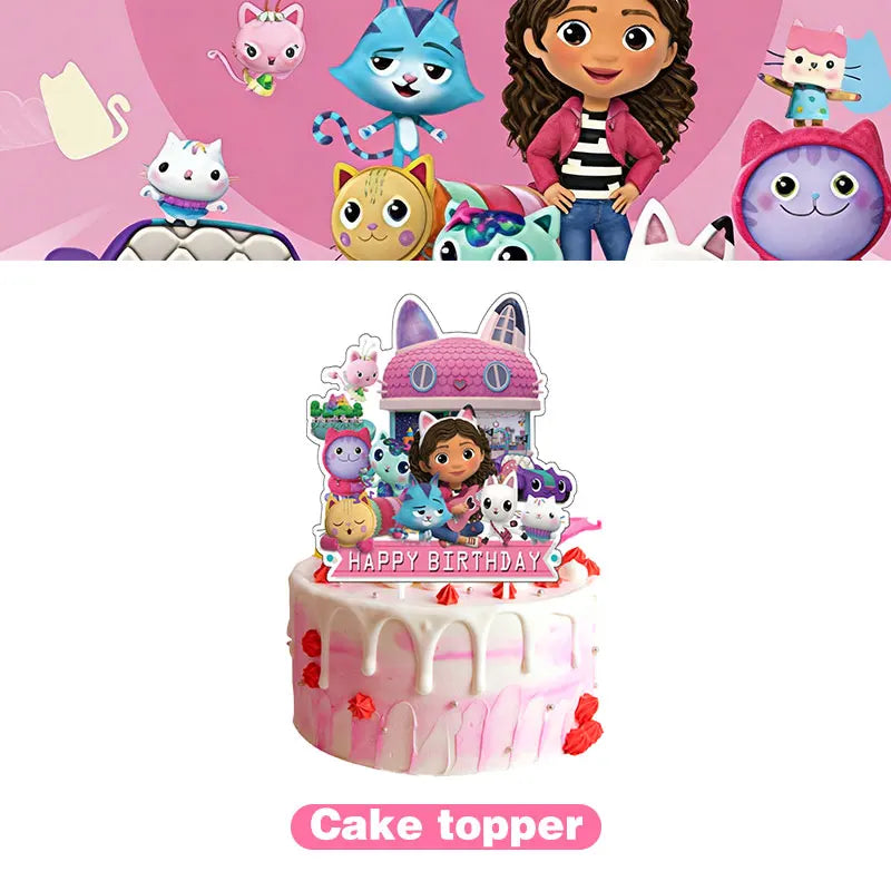 Articles de fête d'anniversaire Gabby Dollhouse Cat : Bannière, ballons, décor de fond, décoration de gâteau, sacs cadeaux, boîtes à bonbons