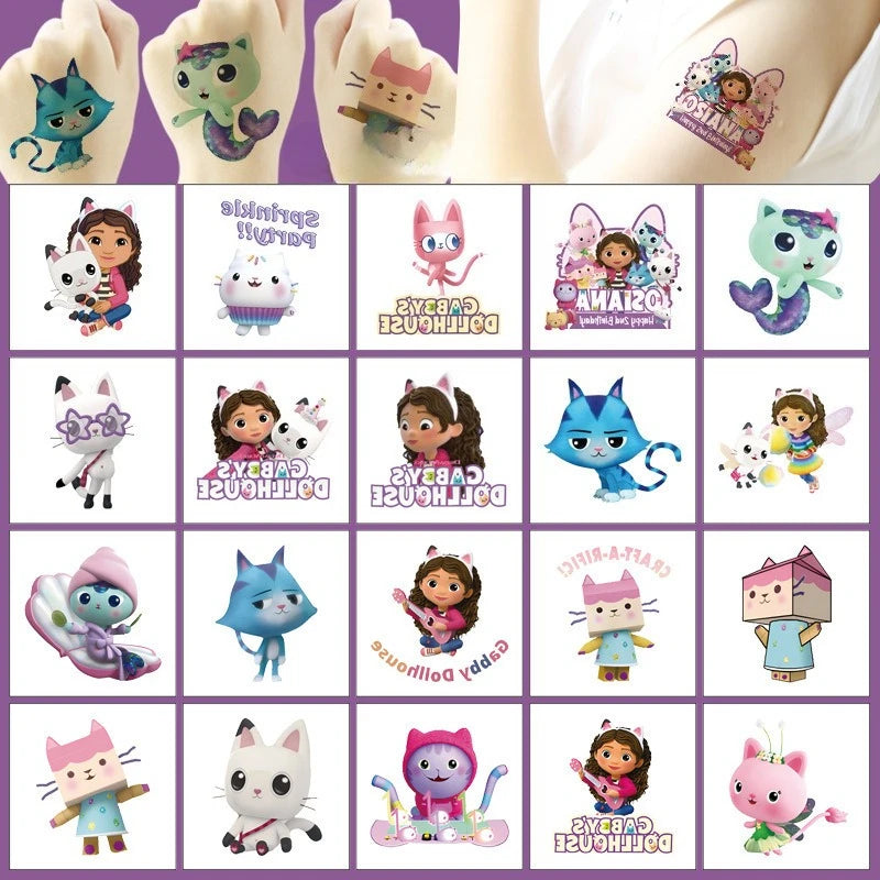 Autocollants temporaires de dessin animé Gabby's Dollhouse, 20 pièces, autocollants mignons pour l'art corporel, jouets de fête Cosplay pour enfants, cadeaux d'anniversaire
