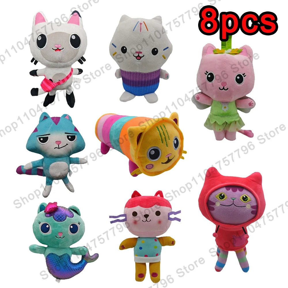 8 pièces Nouveaux porte-clés en peluche Maison de poupée Gabby, animaux en peluche Mercat, chat souriant, chat de voiture, chat câlin, cadeau d'anniversaire pour fille Gaby