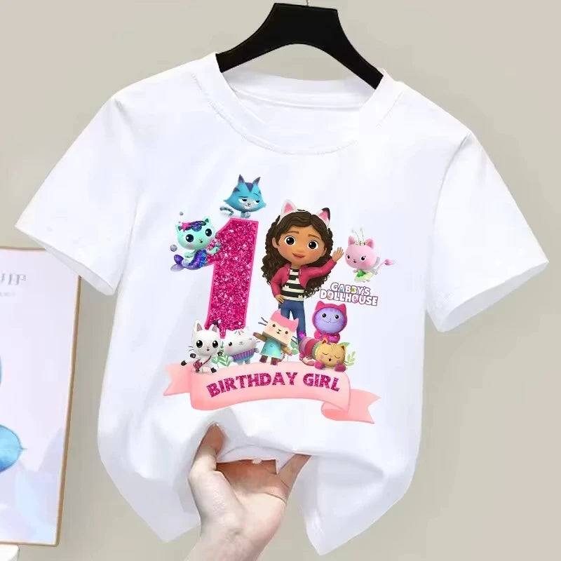 T-shirt d'anniversaire Gabbys Dollhouses pour filles, blanc et rose, à manches courtes, en coton, décontracté, pour l'été, fournitures de fête