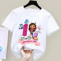 T-shirt d'anniversaire Gabbys Dollhouses pour filles, blanc et rose, à manches courtes, en coton, décontracté, pour l'été, fournitures de fête