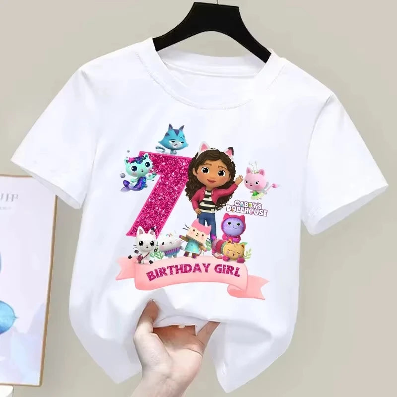 T-shirt d'anniversaire Gabbys Dollhouses pour filles, blanc et rose, à manches courtes, en coton, décontracté, pour l'été, fournitures de fête