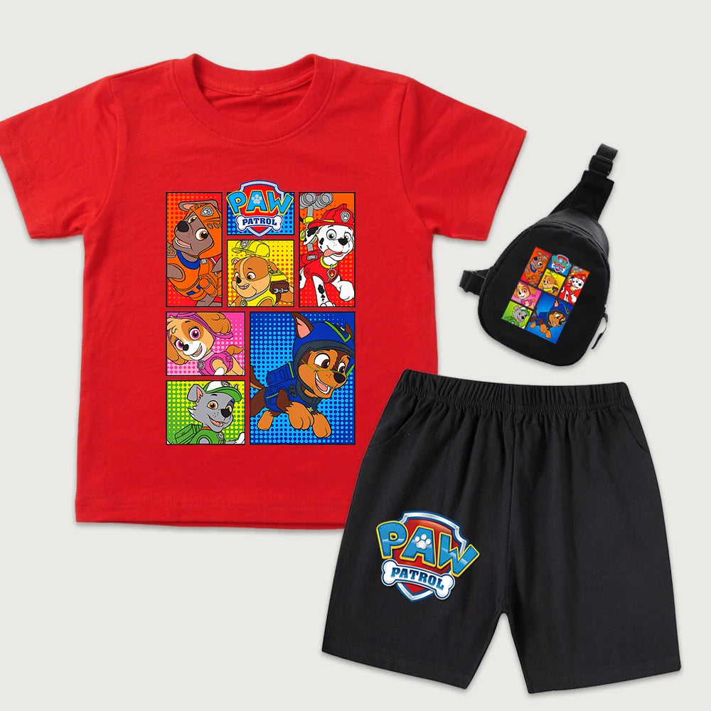 Ensemble t-shirt et short en coton imprimé dessin animé PAW Patrol pour garçons et filles avec mini sac banane, vêtements d'été pour enfants