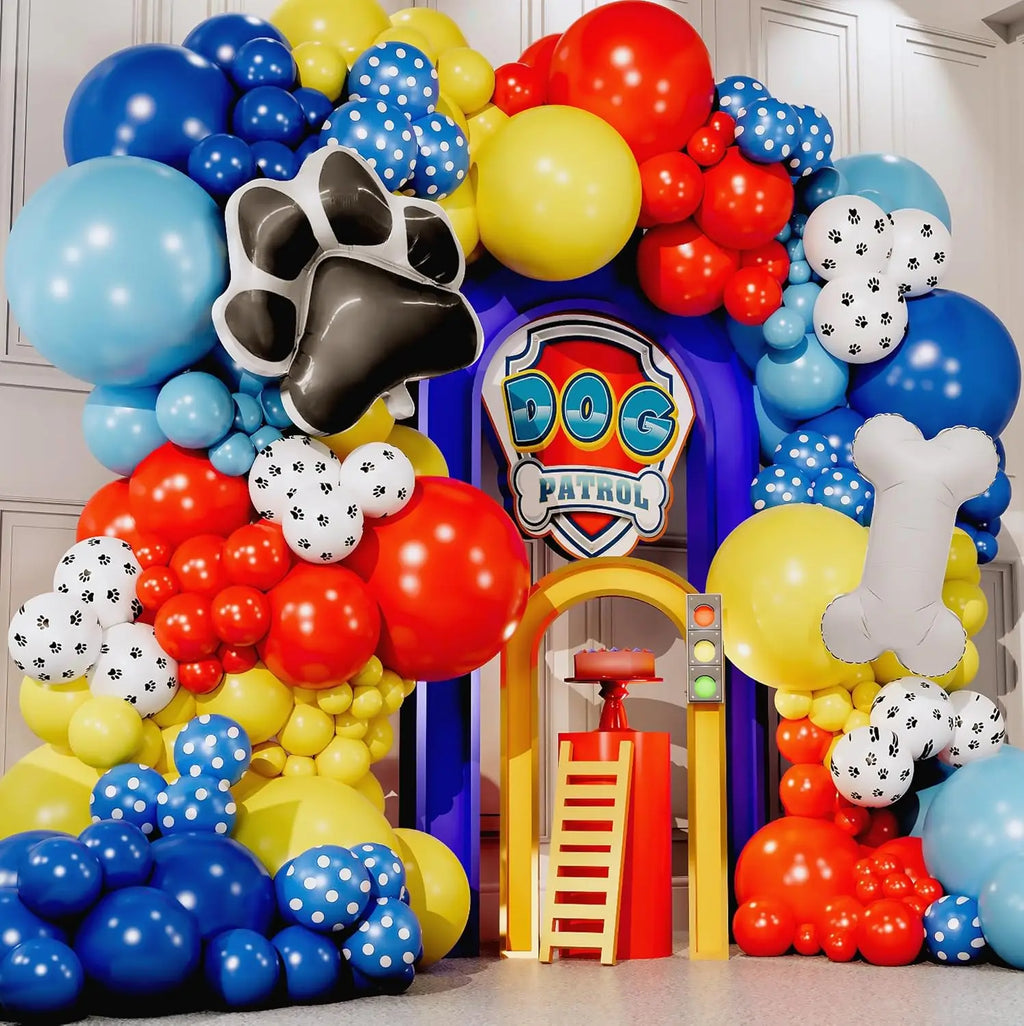 Kit d'arche de guirlande de ballons Patte de Chien et ballons bleus, jaunes et rouges pour décorations d'anniversaire sur le thème de la Patrouille, toile de fond et fournitures de fête