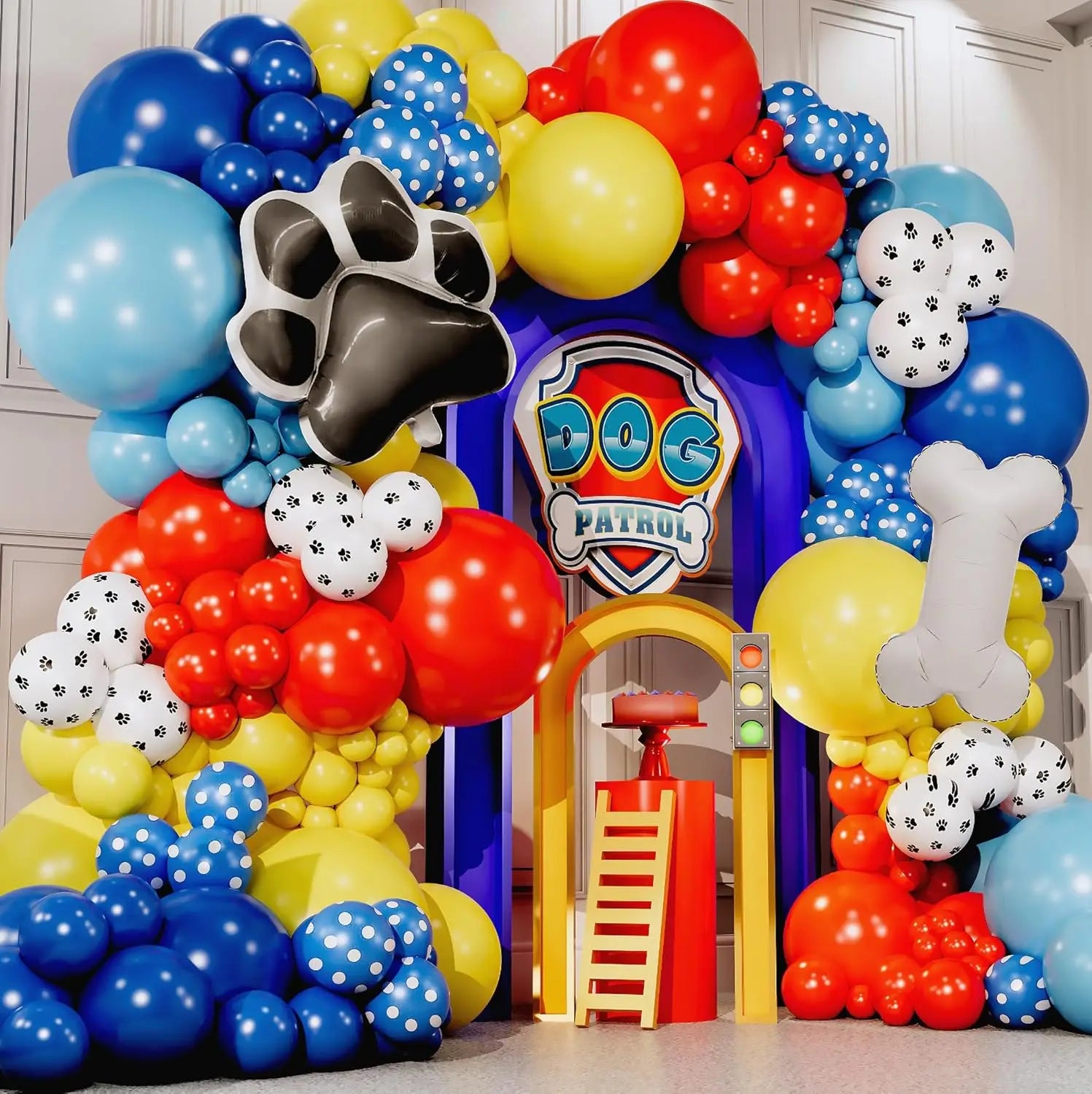 Kit d'arche de guirlande de ballons Patte de Chien et ballons bleus, jaunes et rouges pour décorations d'anniversaire sur le thème de la Patrouille, toile de fond et fournitures de fête