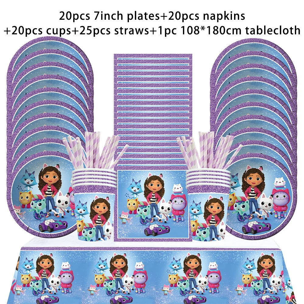 Vaisselle d'anniversaire Gabby Dollhouse, assiette, gobelet et serviette en papier à motif de chat de dessin animé pour les filles, décoration de fête d'anniversaire pour enfants