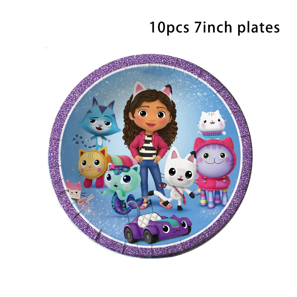 Vaisselle d'anniversaire Gabby Dollhouse, assiette, gobelet et serviette en papier à motif de chat de dessin animé pour les filles, décoration de fête d'anniversaire pour enfants