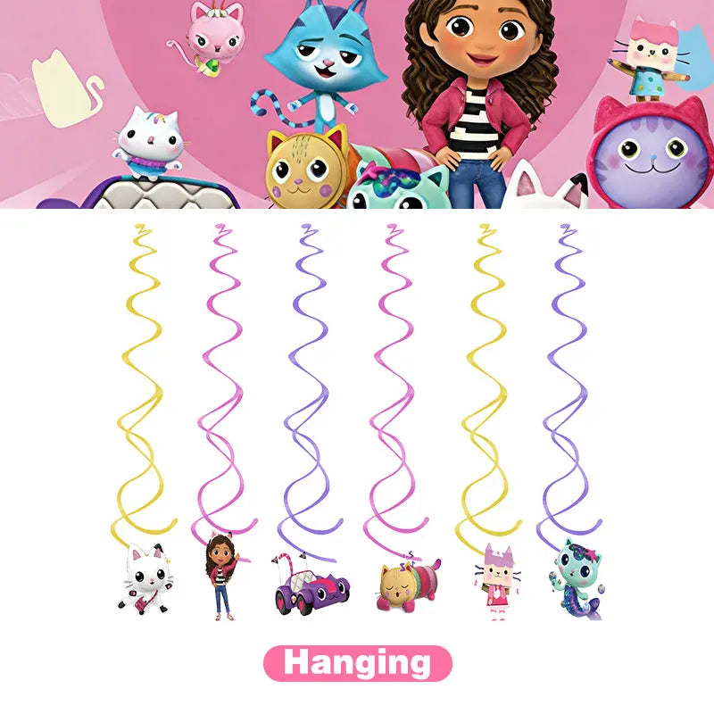 Articles de fête d'anniversaire Gabby Dollhouse Cat : Bannière, ballons, décor de fond, décoration de gâteau, sacs cadeaux, boîtes à bonbons