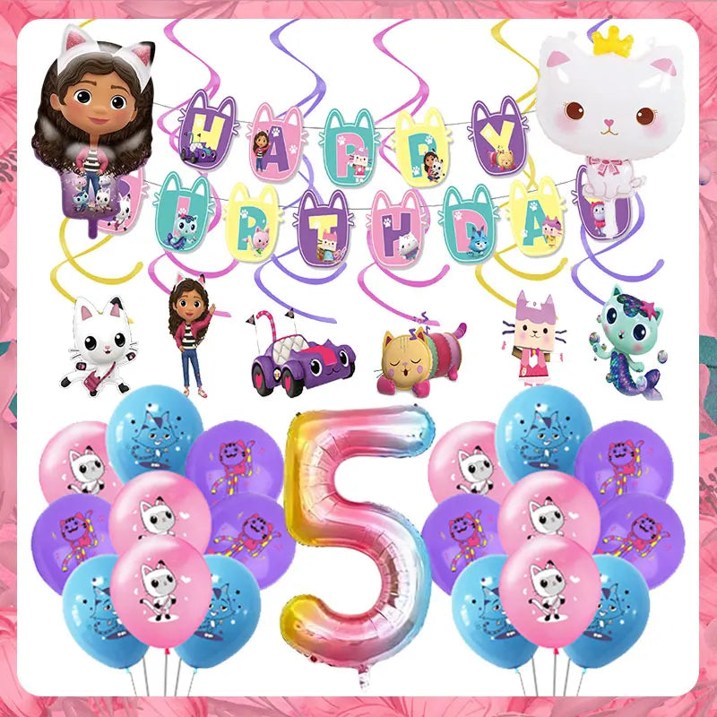 Articles de fête d'anniversaire Gabby Dollhouse Cat : Bannière, ballons, décor de fond, décoration de gâteau, sacs cadeaux, boîtes à bonbons