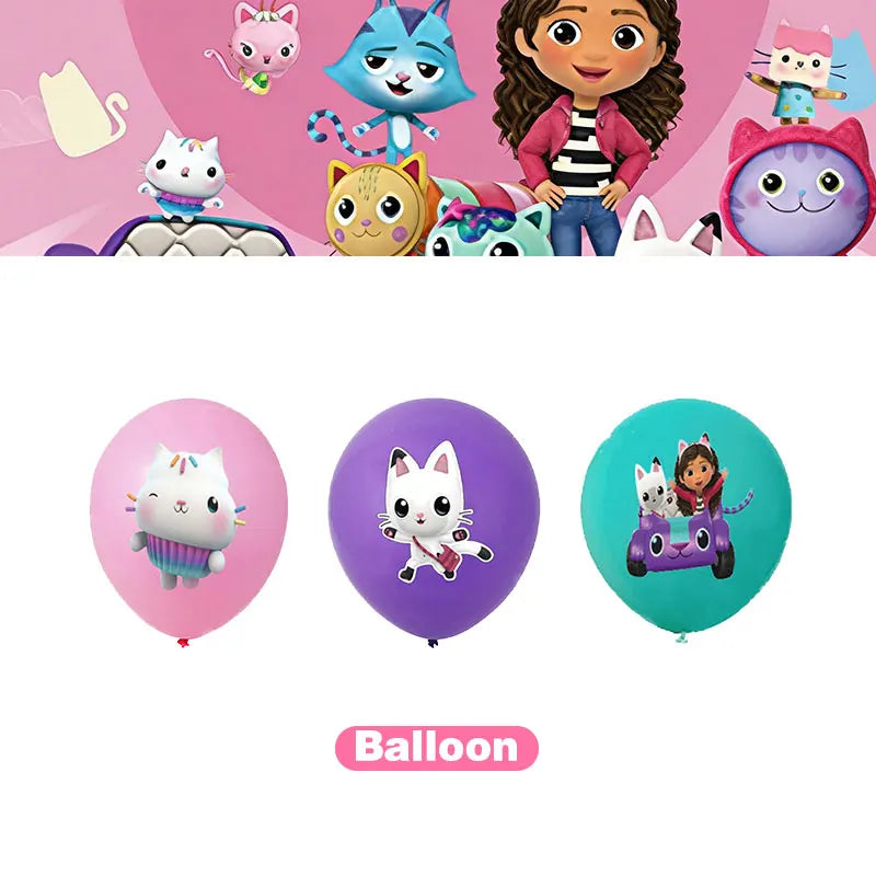 Articles de fête d'anniversaire Gabby Dollhouse Cat : Bannière, ballons, décor de fond, décoration de gâteau, sacs cadeaux, boîtes à bonbons