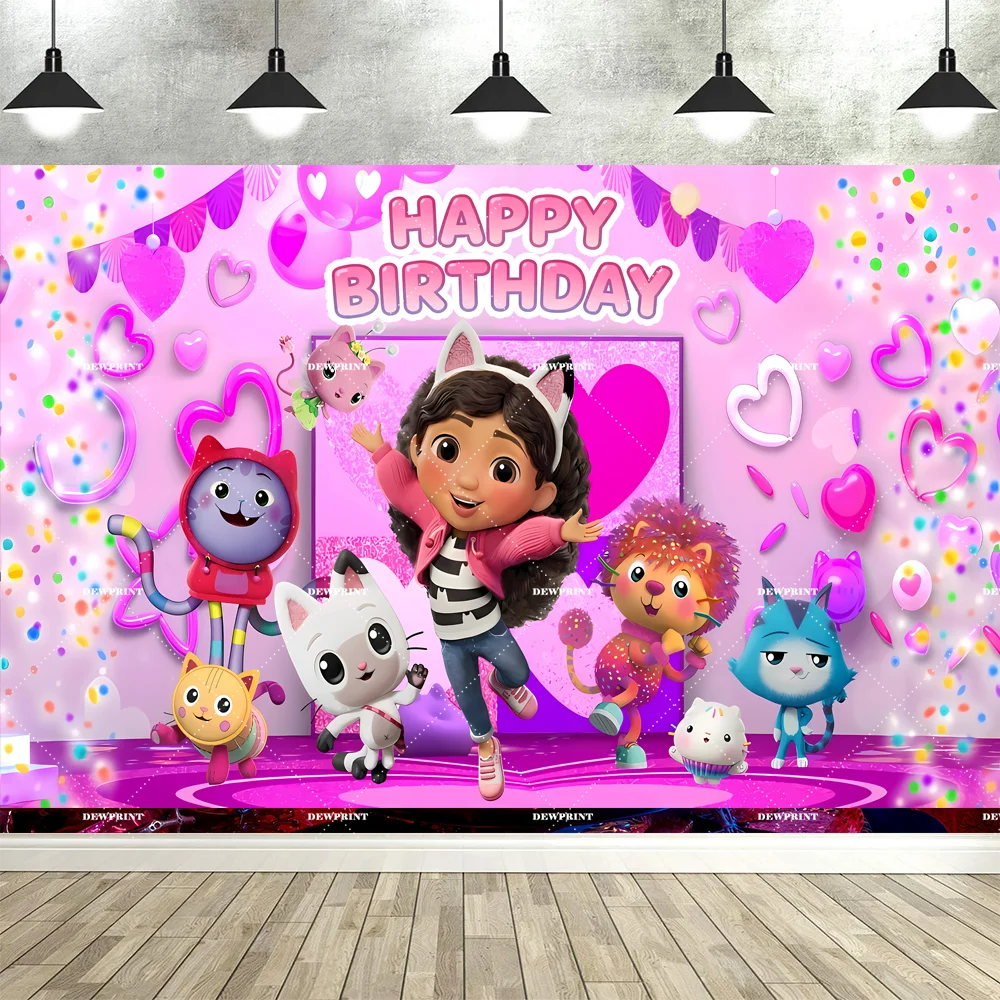 Bannière de fond d'anniversaire Gabby en dessin animé mignon, accessoires de décoration pour fête d'enfants, toile de fond photo, fournitures de photographie